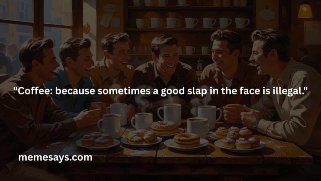 a funny saying: Coffee because sometimes a good slap in the face is illegal.